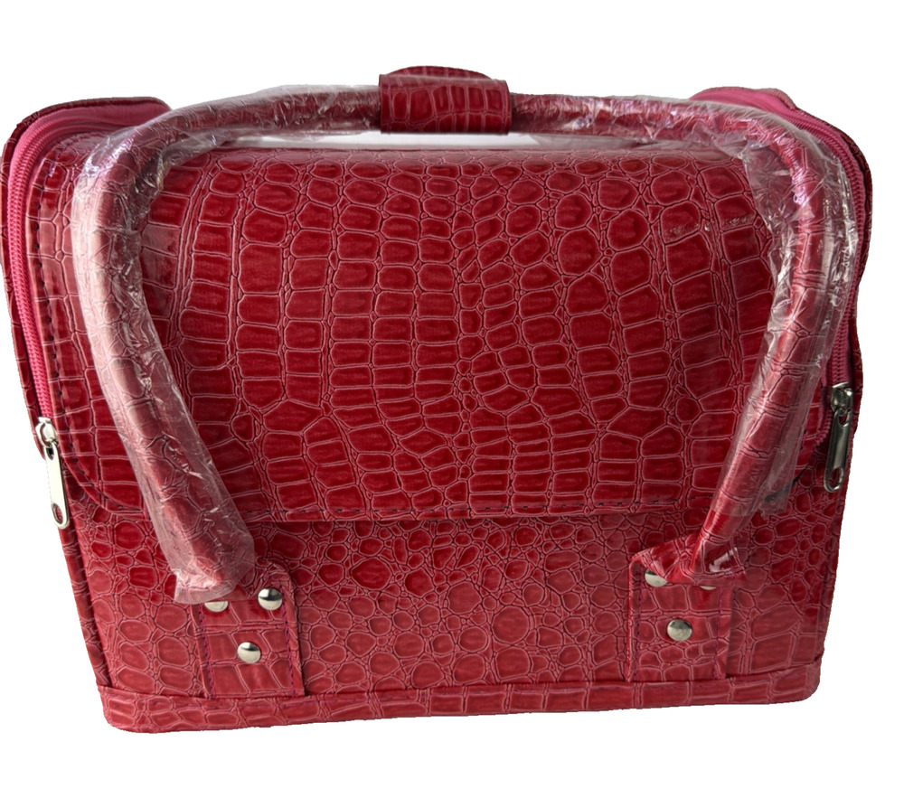 Pink Crocodile Cosmetic XL Train Case Zip Expanding Tray Organizer Ext Handle